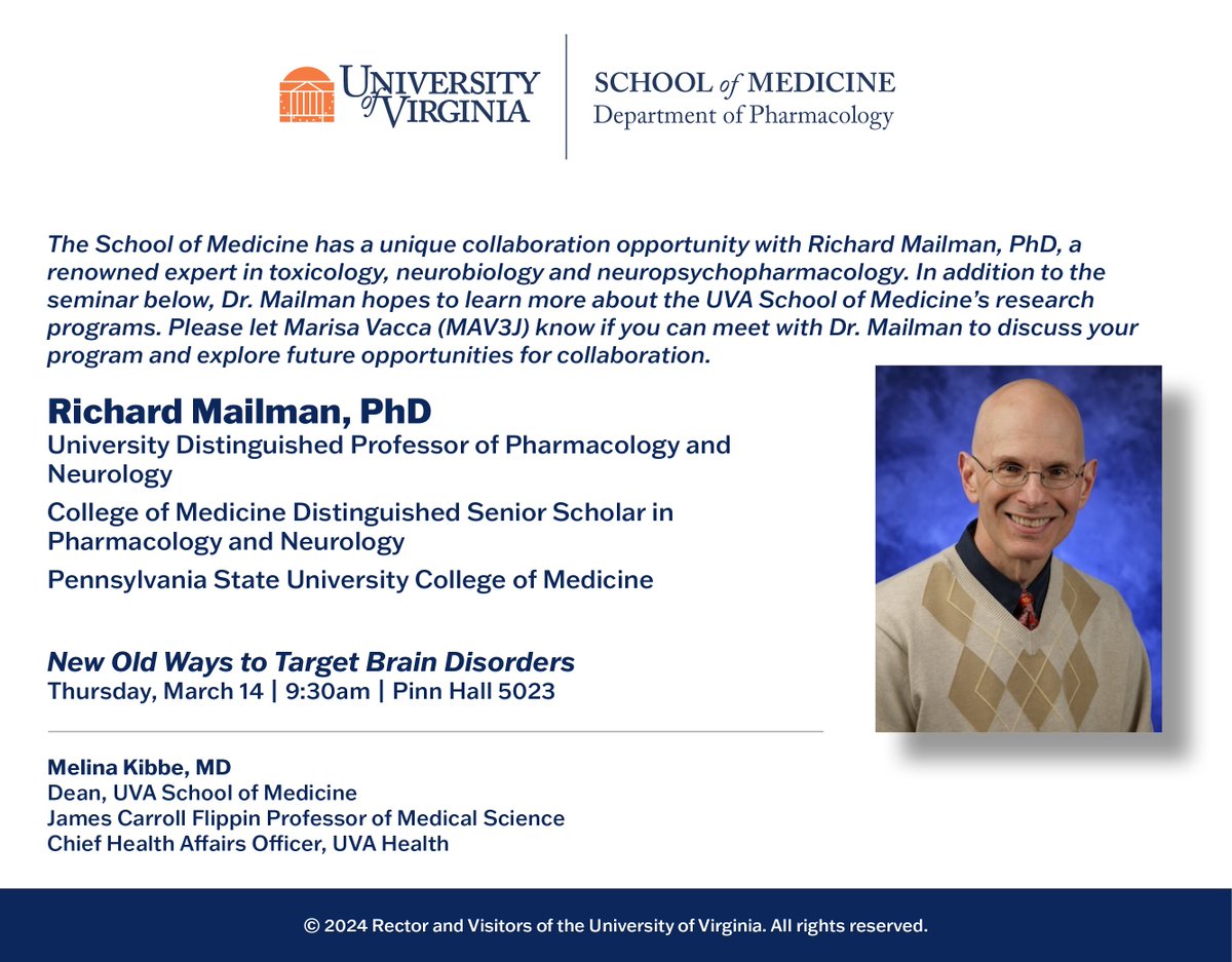 The Pharmacology Department will be hosting this special seminar by Dr. Richard Mailman on March 14, 2024.