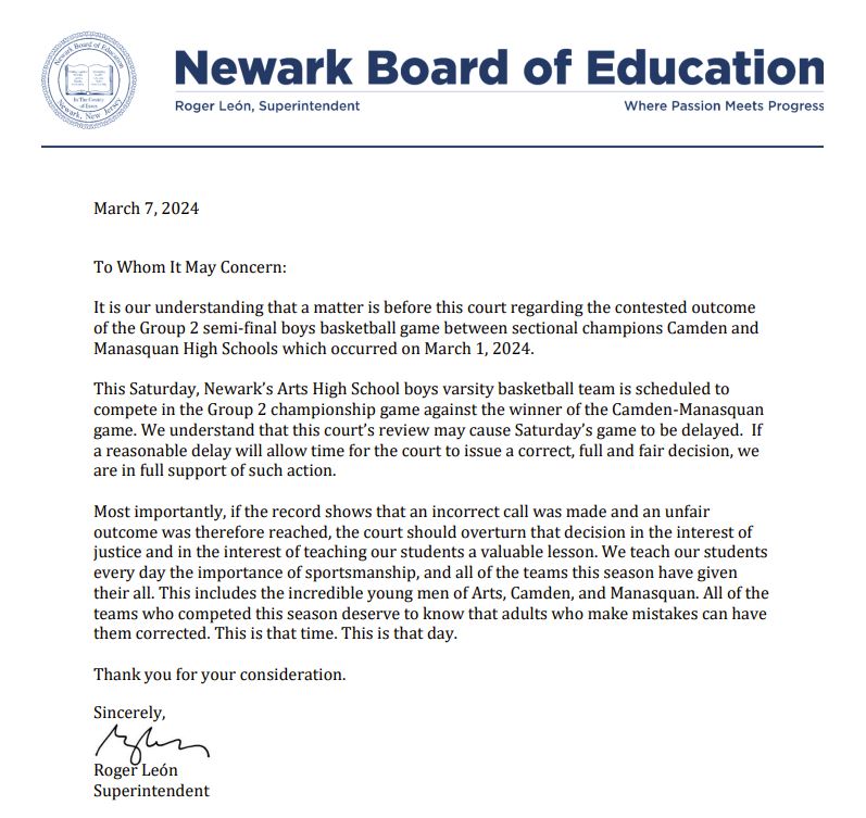 We are so grateful for the support of <a href="/NPSvoices/">Newark Board of Education</a> in allowing a "full and fair decision" to be made on this week's Boys🏀Group 2 semi.  "All of the teams who competed...deserve to know that adults who make mistakes can have them corrected.  This is that time.  This is that day."