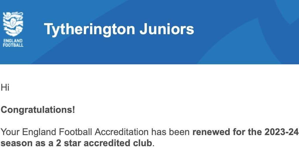 TytheringtonFC's tweet photo. We are delighted & proud to announce that our 2-star @EnglandFootball Accreditation has been renewed for a further 12 months by the @Cheshire_FA
#GetAccredited #StayAccredited #growyourway #grassrootsfootball
@MacclesfieldNub @Teamgrassroots_ @MacronStoreManc @savegrassroots https://t.co/vvCdj1epEG
