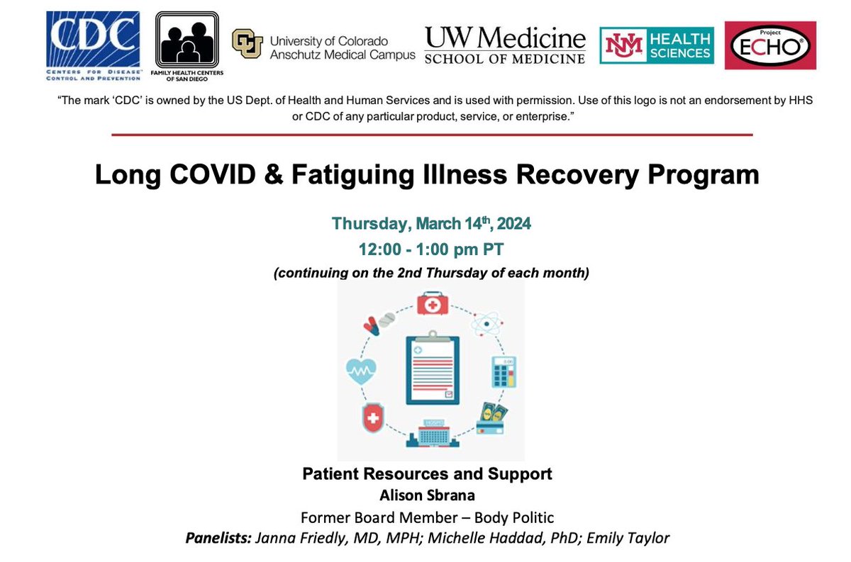 Next Thursday, March 14th at 12pm PT, I am presenting on patient resources for <a href="/ProjectECHO/">Project ECHO</a> webinar on #LongCovid &amp; Fatiguing Illnesses followed by a Q&amp;A with panelists. Register: iecho.org/public/program…

You will leave this presentation with helpful printable handouts &amp; links 🖇️