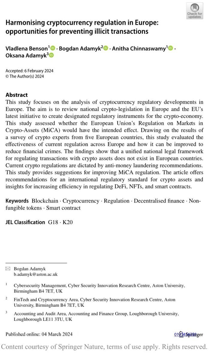 Harmonising cryptocurrency regulation in Europe: opportunities for preventing illicit transactions.

researchgate.net/publication/37…

#MICA #EU #decentralizedfinance 
#cryptoregulation #cryptolegislation