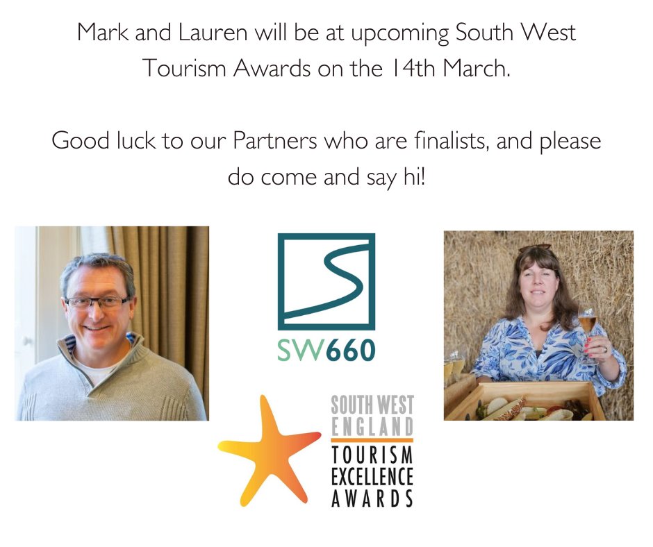 We're looking forward to attending @swtourismawards next week. 
#SouthWest660 Partner businesses who have been shortlisted are:
@CaryArms, @SeatonTramway, 
@Lympstone_Manor, @tallandbayhotel, @The_Pig_Hotel Harlyn Bay, & @BossingtonHall, 
Good luck to all finalists! #SWTawards