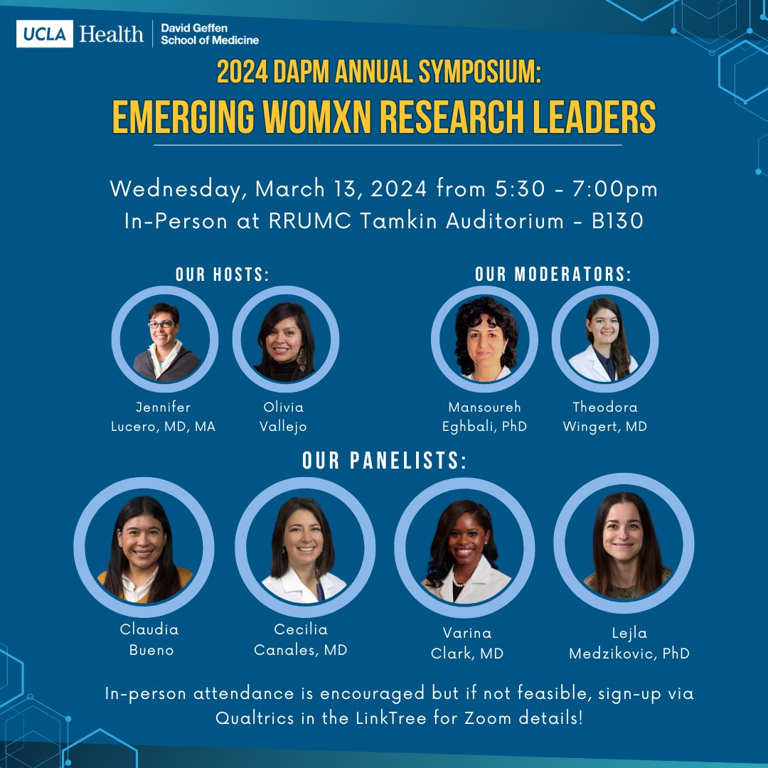 Empowering discussions, inspiring stories, and a celebration of womxn’s leadership in research. You’re invited to UCLA DAPM Annual Womxn’s Symposium on March 13th from 5:30pm to 7:00pm at RRUMC Tamkin Auditorium - B130. Zoom available at the link in our bio. #WomensHistoryMonth