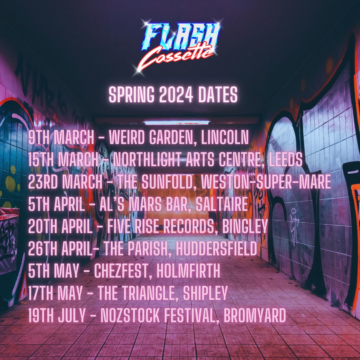 Spring’s looking nice and busy! Flash Cassette bringing the electrofunk vibes to a town near you! ⚡️📼

#spring #livedates #gigs #tour #electro #funk #synthwave #disco #groove #venues #uk #electropop