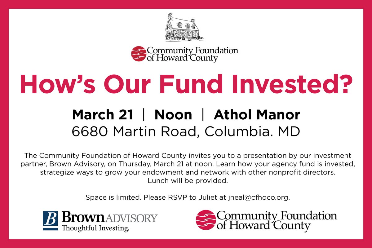 Community Foundation of Howard County (@cfhoco) on Twitter photo Always excited to talk to our #HoCoMD nonprofit partners with endowment funds here <a href="/CFHoCo/">Community Foundation of Howard County</a>. Always excited to talk to our #HoCoMD nonprofit partners with endowment funds here <a href="/CFHoCo/">Community Foundation of Howard County</a>.