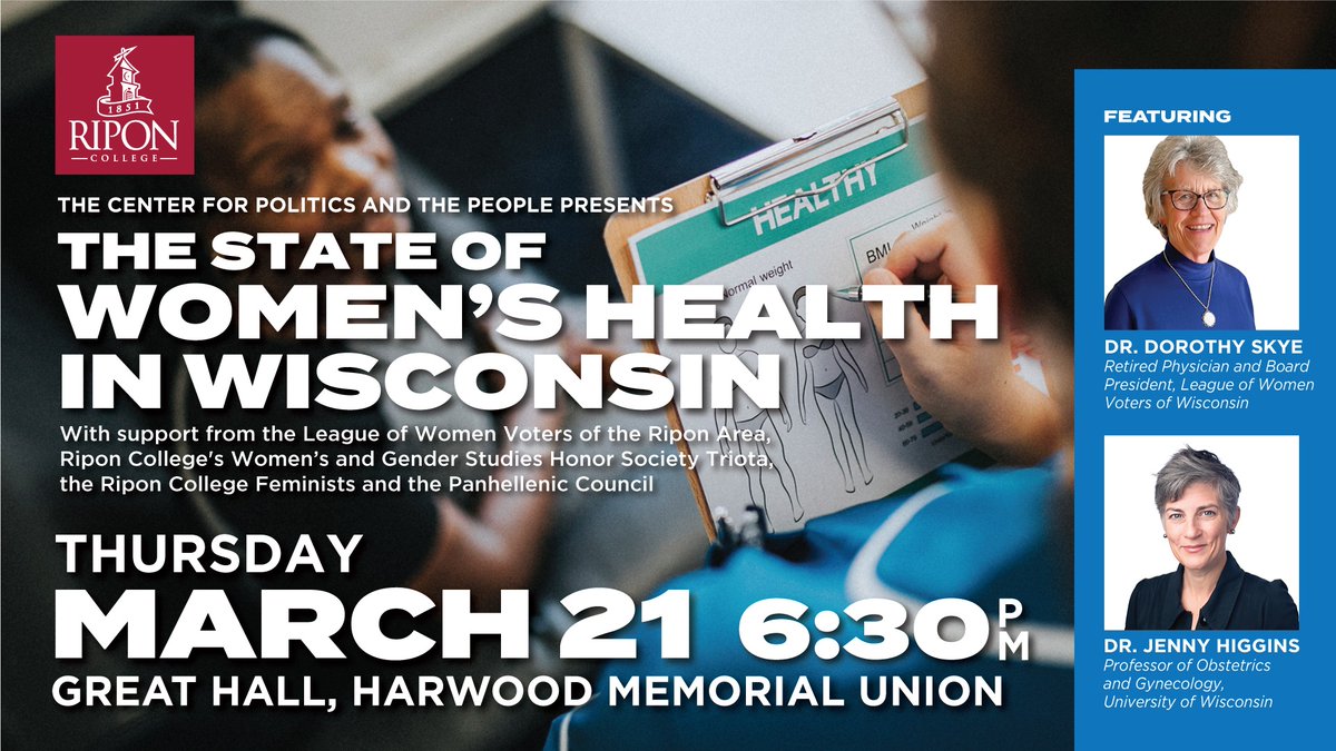 Center for Politics and the People (@riponcollegecpp) on Twitter photo What is the current state of women's health in Wisconsin? Join us on Thursday, March 21, at 6:30 p.m. in Great Hall to discuss this. UW Madison Prof. <a href="/Jenny_A_Higgins/">Jenny Higgins</a> and LWVWI Board President Dr. Dorothy Skye will share their insights. What is the current state of women's health in Wisconsin? Join us on Thursday, March 21, at 6:30 p.m. in Great Hall to discuss this. UW Madison Prof. <a href="/Jenny_A_Higgins/">Jenny Higgins</a> and LWVWI Board President Dr. Dorothy Skye will share their insights.