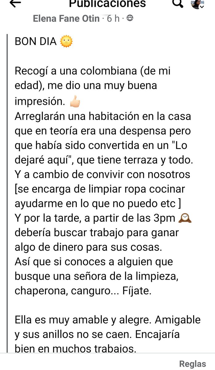 Éste es el tipo de publicaciones de mujeres que creen ser "caritativas" con las migradas. Disfrazan lo racistas y explotadoras que son, con una idea de "ayuda". A ésta miseria nos empuja la precarización del derecho a la vivienda. Mañana es 8M, a ver si reflexionan un poco.