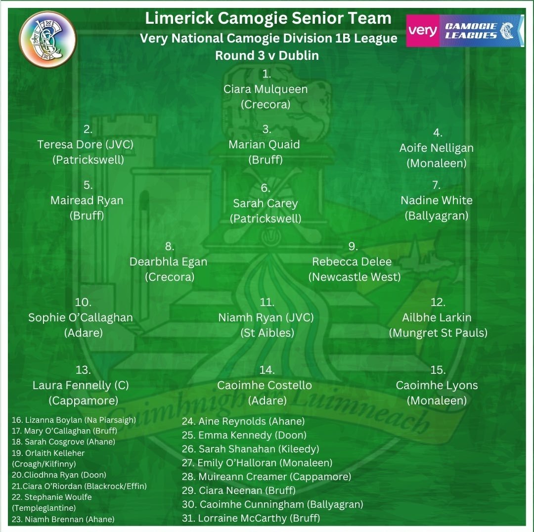 The Limerick team to play Dublin in the Very Camogie League at Parnell Park on Saturday at 2pm.