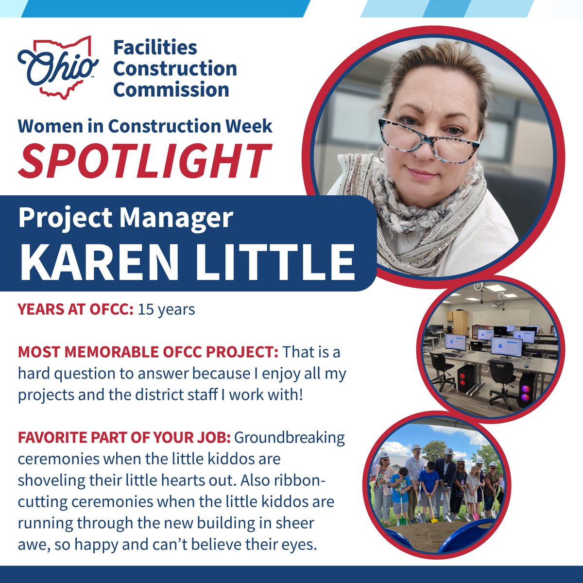 OHFacilities's tweet image. #WICWeek Spotlight 👷 Meet Karen Little. With 15+ years with us and 30+ years in construction, she calls her efforts in building Ohio schools “the most rewarding career I can think of.” We’re lucky to have her on our team. #26YearsOfWICWeek #TeamOhio