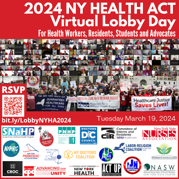 ⚕️❤️‍🩹📢New York State Healthcare workers, students and advocates join the 2024 Virtual Lobby Day
Tues March 19th bit.ly/LobbyNYHA2024 
#NYHealthAct 👉comprehensive, universal healthcare to EVERYONE living or working in NY regardless of immigration work or financial status.