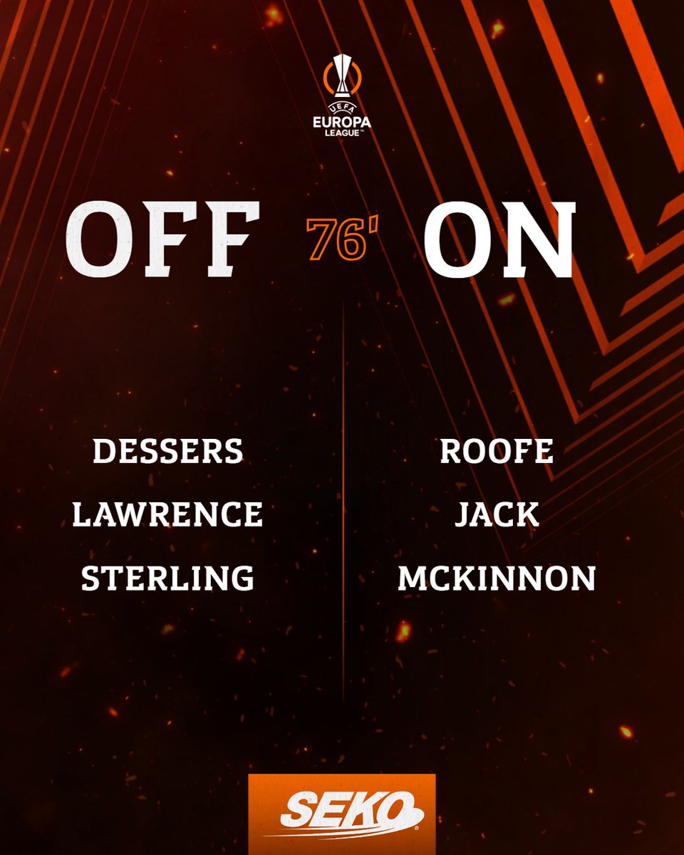 RangersFC's tweet image. 76' SUB: A triple change for the Gers.

➡️ ON: Roofe, Jack &amp;amp; McKinnon
⬅️ OFF: Dessers, Lawrence &amp;amp; Sterling

Benfica 2-2 Rangers | #UEL