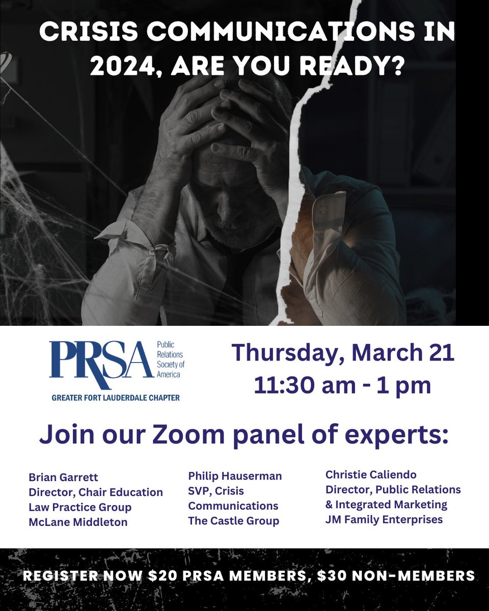 Mark your calendars! Two weeks from today on Thursday, March 21 we'll be hosting a dynamic Zoom session you won't want to miss. Learn from our panel of distinguished experts who've mastered the art of #crisiscommunication #prsa

Register at prsaftl.org/meet-reg2.php