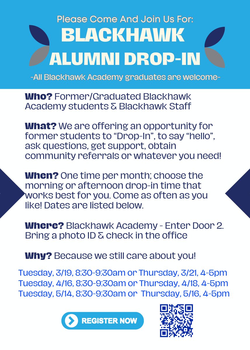 Blackhawk Alumni, come check out our Drop In times that are just for YOU! When we say we are always here for you, we mean it.  #BlackhawkPride #EveryLearner