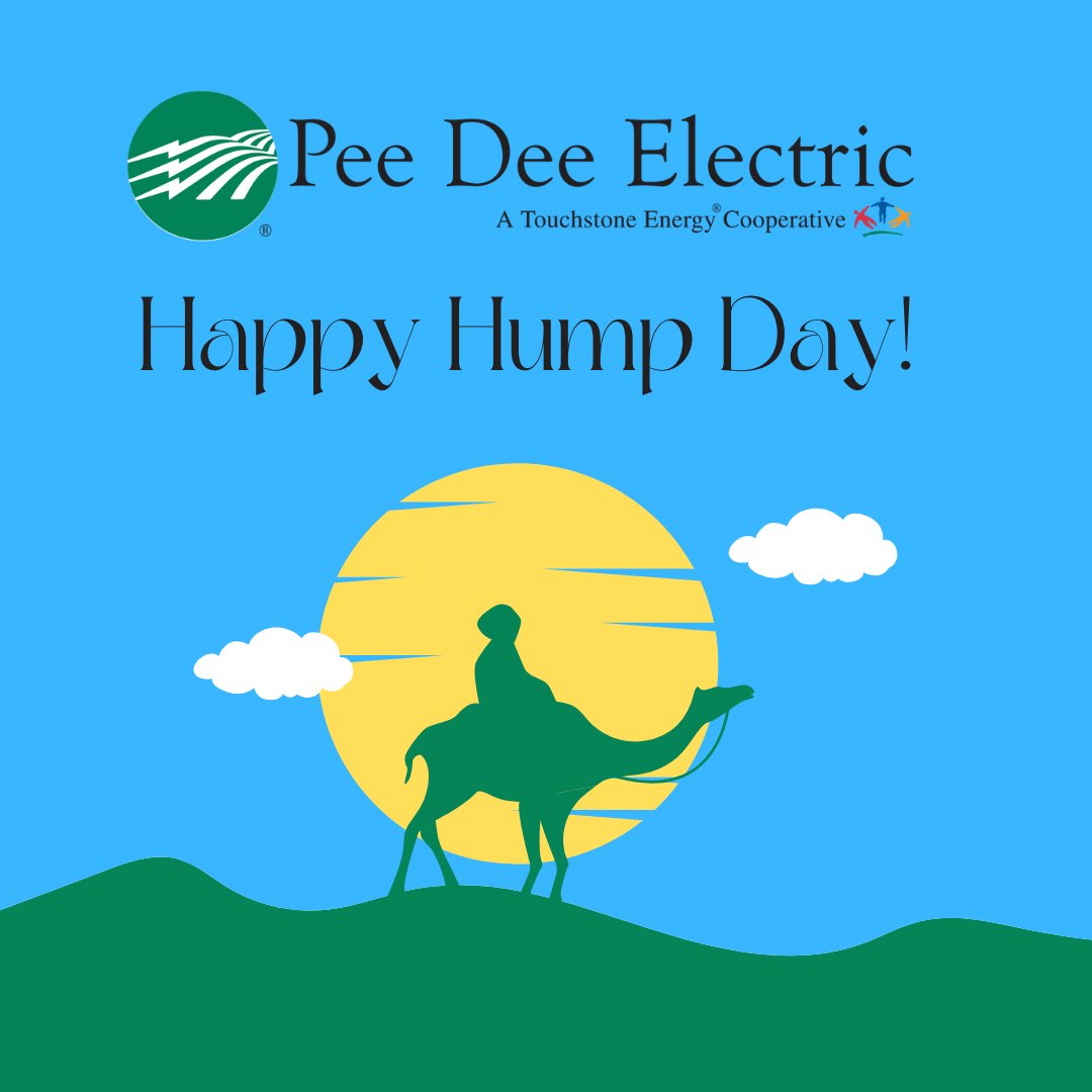 PeeDeeElectric's tweet image. Feeling the mid-week hump? Let Pee Dee Electric brighten up your Wednesday! We're here to keep the lights on and power you through to the weekend. Hang in there, folks! 💡 #HumpDay #PowerThrough #CommunityEnergy