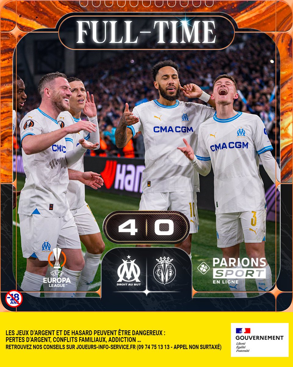 Olympique de Marseille (@om_officiel) on Twitter photo ⏱ 90’ | #OMVillarreal 4️⃣-0️⃣
𝐐𝐮𝐞𝐥 𝐦𝐚𝐭𝐜𝐡 !! 🔥
Une prestation de haute volée pour nos Olympiens qui s’imposent largement face au Villarreal CF dans ce huitième de finale aller d’<a href="/EuropaLeague/">UEFA Europa League</a> ! 🦾
Une soirée européenne comme on les aime ! 💯💙 ⏱ 90’ | #OMVillarreal 4️⃣-0️⃣
𝐐𝐮𝐞𝐥 𝐦𝐚𝐭𝐜𝐡 !! 🔥
Une prestation de haute volée pour nos Olympiens qui s’imposent largement face au Villarreal CF dans ce huitième de finale aller d’<a href="/EuropaLeague/">UEFA Europa League</a> ! 🦾
Une soirée européenne comme on les aime ! 💯💙