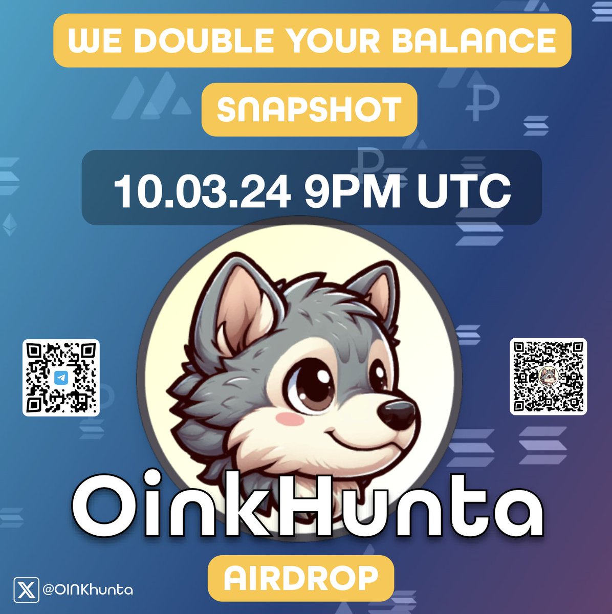 🐺🐺🐺 Get ready Wolves 

We're airdropping a first bucket of $HUNT tokens to every 🐺who follows, likes, and retweets this post!
We will 💥💥💥double 💥💥💥 your balance as per snapshot to be taken on Sunday 10th March 24 at 9PM UTC.