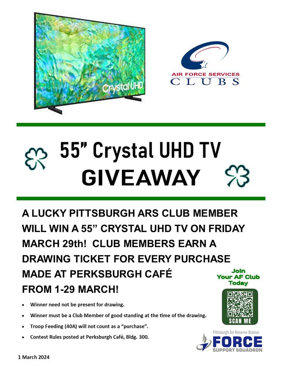 A lucky Pittsburgh ARS Club Member will win a 55” Crystal UHD TV on March 29th! Members can register multiple times by making a purchase at Perksburgh Cafe March 1-29th. FREE  Membership Quarterly Lunch on Thur March 14th at Perksburgh Cafe! Join today! myairforcelife.com/club-membershi…