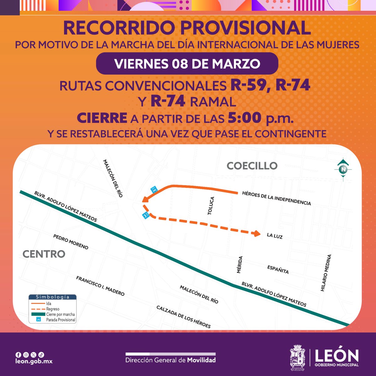 ⚠️ ¡Atención! ⚠️ Por la Marcha del #8M, habrá 𝐜𝐚𝐦𝐛𝐢𝐨𝐬 𝐞𝐧 𝐫𝐮𝐭𝐚𝐬 𝐝𝐞 𝐭𝐫𝐚𝐧𝐬𝐩𝐨𝐫𝐭𝐞 𝐩ú𝐛𝐥𝐢𝐜𝐨 desde las 5:00 pm. Toma tus precauciones y buscar rutas alternas. Aquí te dejamos un hilo de las rutas con modificaciones⬇️