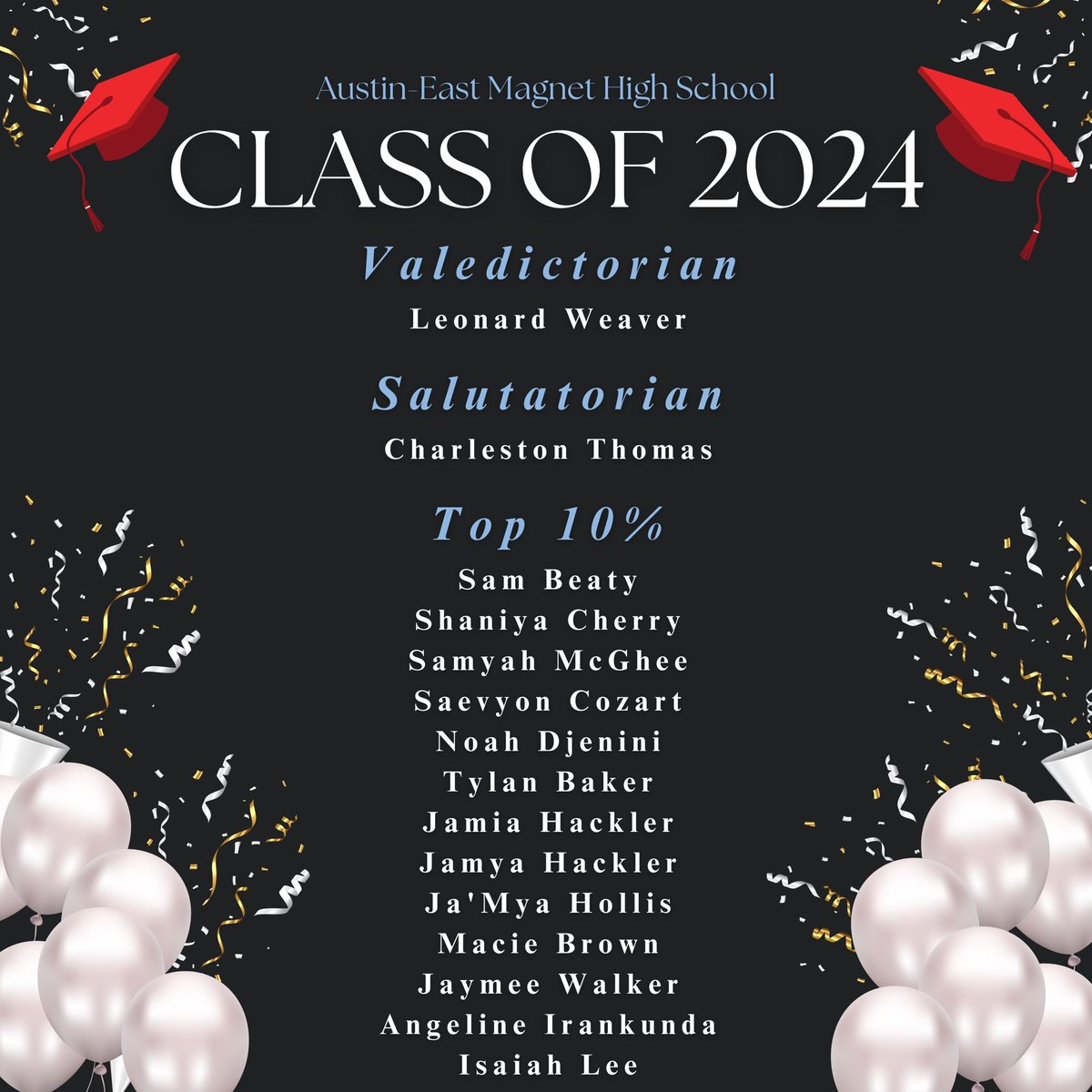 Congratulations to the Valedictorian, Salutatorian, and top 10% of Austin-East High School’s class of 2024! We are beyond proud of all you have done during your time at 2800, and cannot wait to see the impact you will make on the world. ❤️🩵