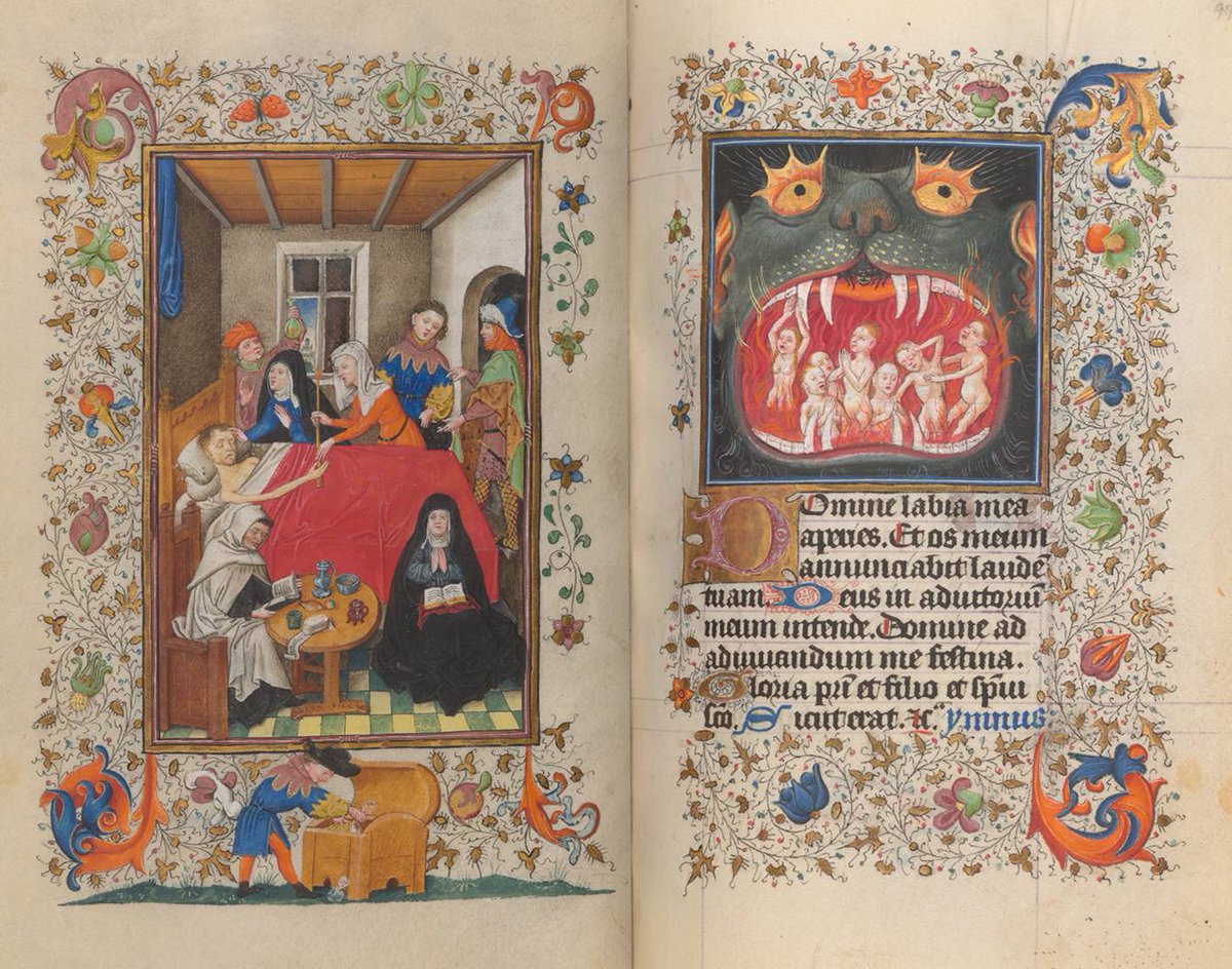 Medieval Money, Merchants, and Morality closes Sun, 3/10! Left, a dying man waits for a priest to perform Last Rites (religious rituals for the dying). Without them, his soul cannot enter heaven but can be admitted to purgatory, seen as a place of purification by fire (right).