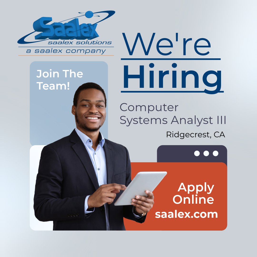 _Saalex's tweet image. Join Saalex Solutions! We are seeking applicants for a Computer Systems Analyst III to work in Ridgecrest, CA.
#ComputerSystemsAnalyst #RidgecrestCA #TechJobs #ITCareers #defensejobs #SaalexHiresVeterans
ow.ly/Qqph50QNaUa