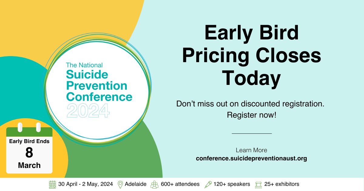 Discounts for the 2024 National Suicide Prevention Conference close this today! Don't miss the opportunity to join forces with suicide prevention experts, professionals, and advocates to harness the power of collective impact. Visit: conference.suicidepreventionaust.org
