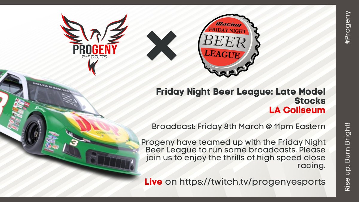 The second broadcast in the collab between Progeny X Friday Night Beer League.   Join us on March 8th @ 11pm Eastern for a broadcast with racers lining up at LA Coliseum.   Commentary from @yakes87

twitch.tv/progenyesports 

#FNBL #ProgenyAnnouncing