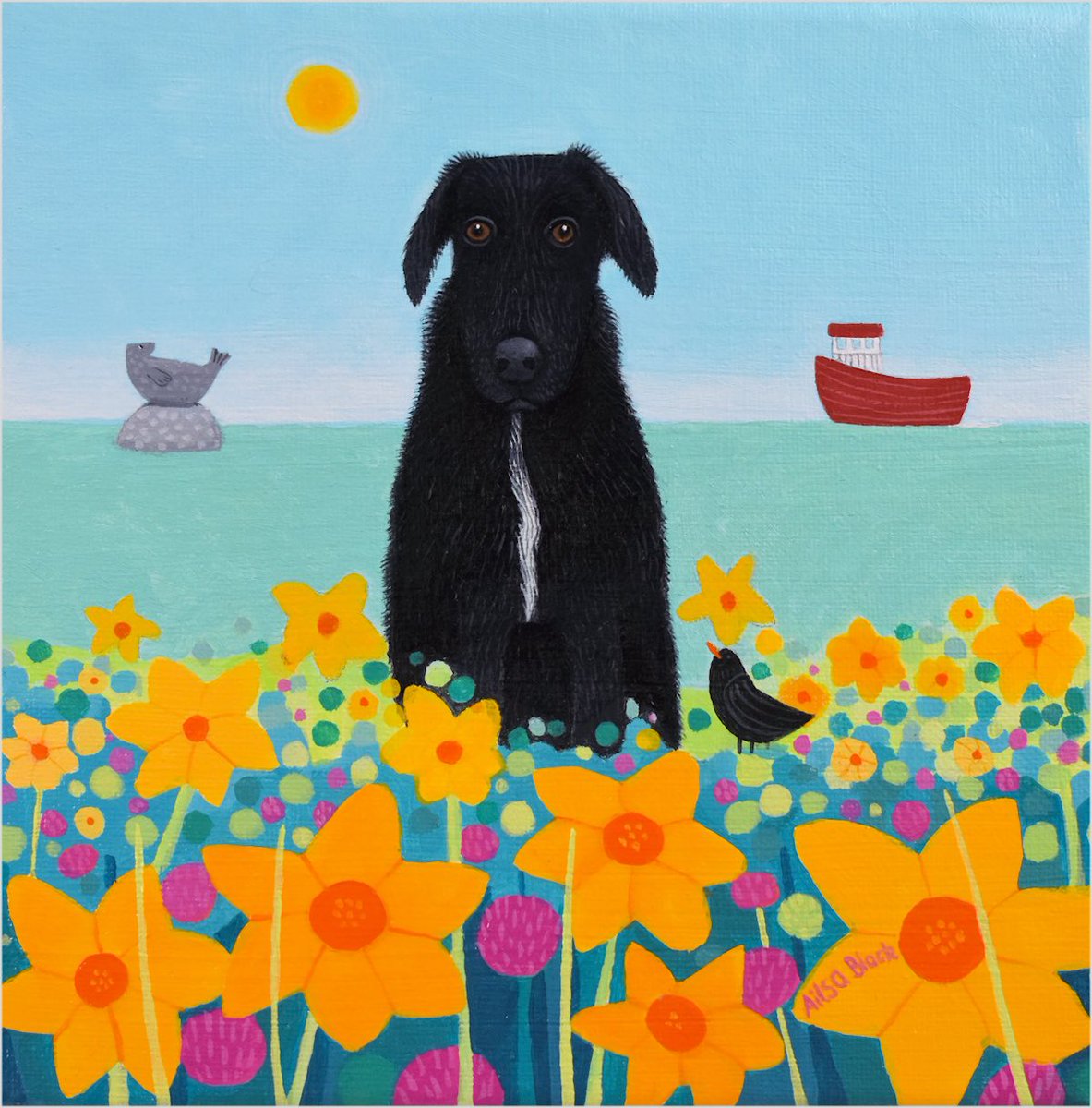 This is my first painting of my new little rescue dog called Inky! I think there might be a series of dogs in flowers coming. Are there any you would like to see? #AdoptDontShop #borador #ailsablack