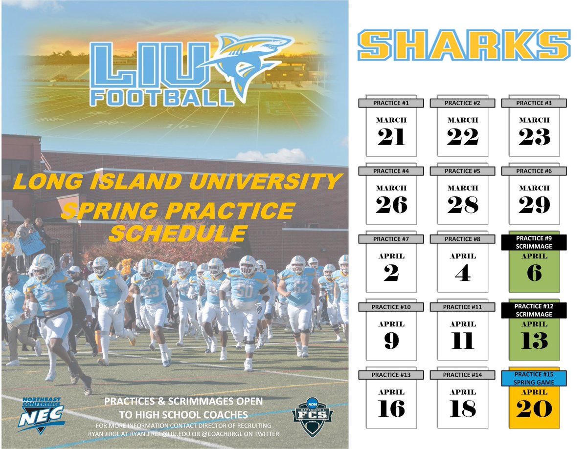 Ryan Kelly (@ryankelly_su) on Twitter photo Excited for spring football on the Island!
The door is always open for youth and high school coaches! 🏝️🦈🏈
<a href="/NewYorkHSFB/">New York HSFB</a>
<a href="/NYCHSFL/">NYCHSFL</a>
<a href="/nyshsfca/">NYS High School Football Coaches Association</a>
<a href="/LIUSharksFB/">LIU Football</a> Excited for spring football on the Island!
The door is always open for youth and high school coaches! 🏝️🦈🏈
<a href="/NewYorkHSFB/">New York HSFB</a>
<a href="/NYCHSFL/">NYCHSFL</a>
<a href="/nyshsfca/">NYS High School Football Coaches Association</a>
<a href="/LIUSharksFB/">LIU Football</a>