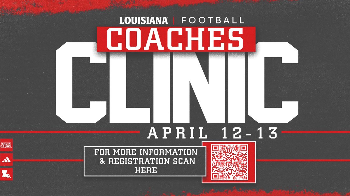 𝐂𝐎𝐀𝐂𝐇𝐄𝐒 𝐂𝐋𝐈𝐍𝐈𝐂

The Louisiana Football Coaches Clinic will take place April 12-13!

Scan the QR code or visit ragncaj.co/clinic24 for more information and to register!

#cULture | #GeauxCajuns