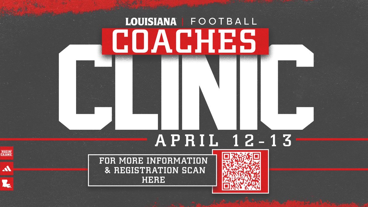 𝐂𝐎𝐀𝐂𝐇𝐄𝐒 𝐂𝐋𝐈𝐍𝐈𝐂 The Louisiana Football Coaches Clinic will take place April 12-13! Scan the QR code or visit ragncaj.co/clinic24 for more information and to register! #cULture | #GeauxCajuns