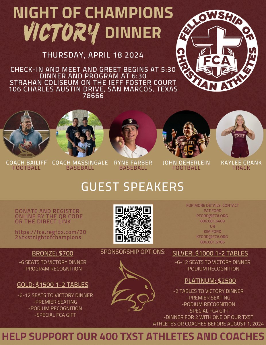 Well, as some Sunday afternoon QB was heard saying, 'Here we go!' It's go time for our 2024 TXST FCA Night of Champions Victory Dinner. It will be an amazing night filled with testimonies of our TXST athletes coaches. Don't miss out. register at txstfca.org