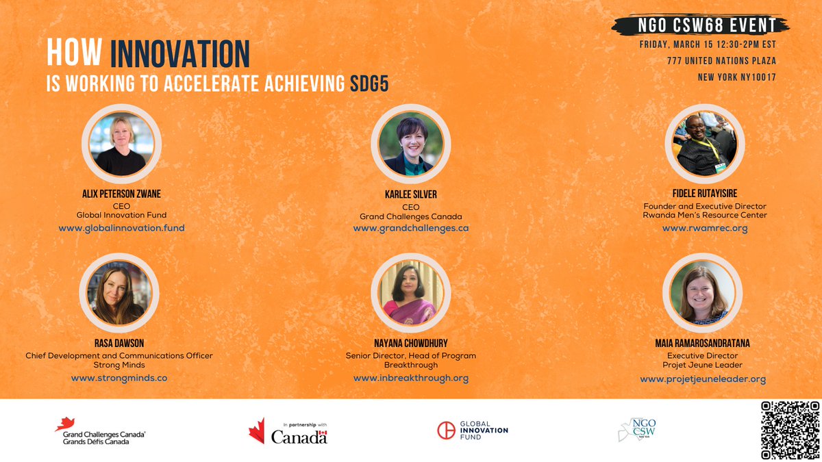 Join us at #ngo #csw68 for the panel we're hosting with @CanadaDev & @GlobalInnovFund, where we'll explore how #innovation is key to fast-tracking #sdg5 and #genderequality by 2030. Sign up to attend here: lnkd.in/dGJnWSX4