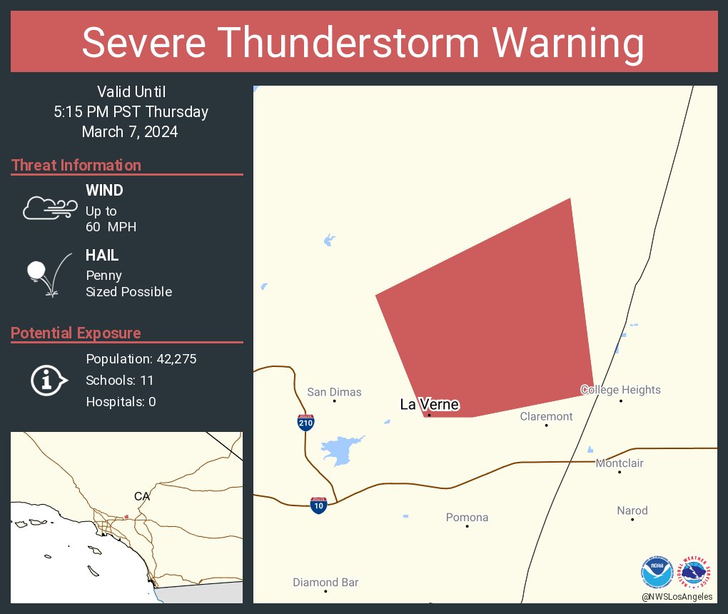 Severe Thunderstorm Warning continues for La Verne CA until 5:15 PM PST