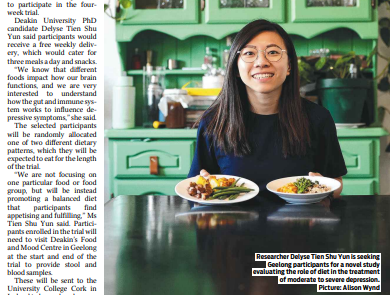 The @foodmoodcentre team is looking for participants for a new study that will explore how different dietary patterns impact depressive symptoms @hmstaudacher @IMPACTDeakin. 
Thanks for a great write-up today @geelongaddy
👉🍞🥑🍊  bit.ly/4a5GJ7B