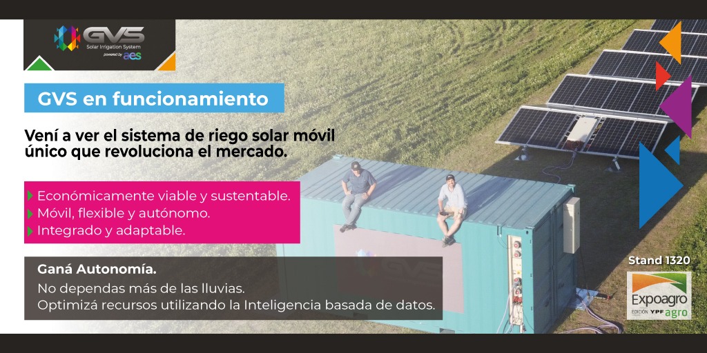 GvsSolar's tweet image. 𝐆𝐕𝐒 𝐞𝐧 𝐟𝐮𝐧𝐜𝐢𝐨𝐧𝐚𝐦𝐢𝐞𝐧𝐭𝐨

Mañana es el último día para conocernos en @Expoagrocom

💦 ➕ 🔅 ➕ 🚜 ➕ 🌱

Te esperamos en el stand 1320 para descubrir el sistema de riego solar móvil único que revoluciona el  mercado.

 #Riegosolar, #Agroinnovación, #campoargentino