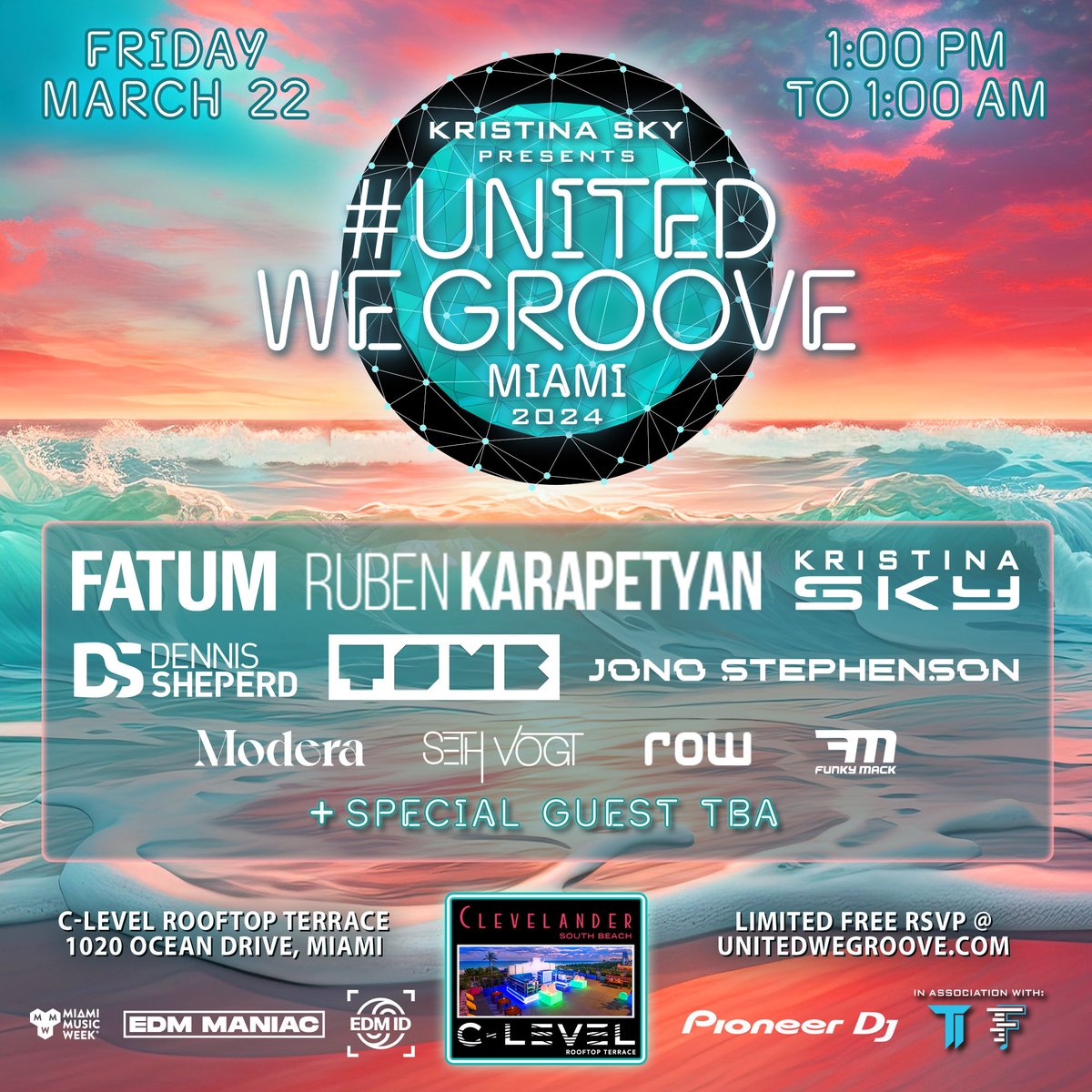 👀 Our phase 2 lineup for the @UnitedWeGroove_ Miami rooftop is here 😎🌅 See you there?! 🤗 Free w/ RSVP: bit.ly/UnitedWeGroove… #miami #mmw #miamimusicweek 🌆🌴