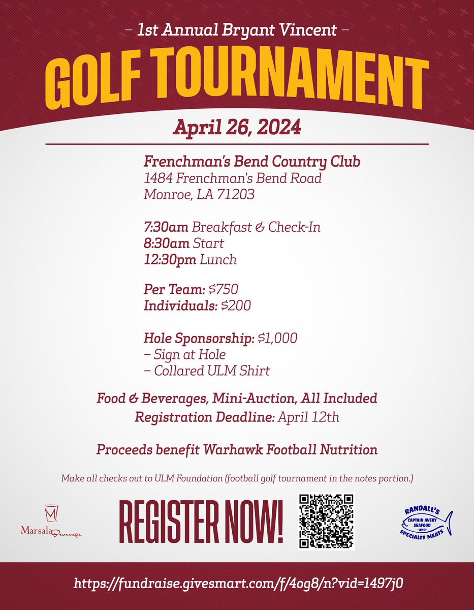 Join us for the first annual Bryant Vincent Golf Tournament at Frenchman’s Bend Country Club on April 26! For more information and to register, visit the tournament website: bit.ly/3T4TKrn