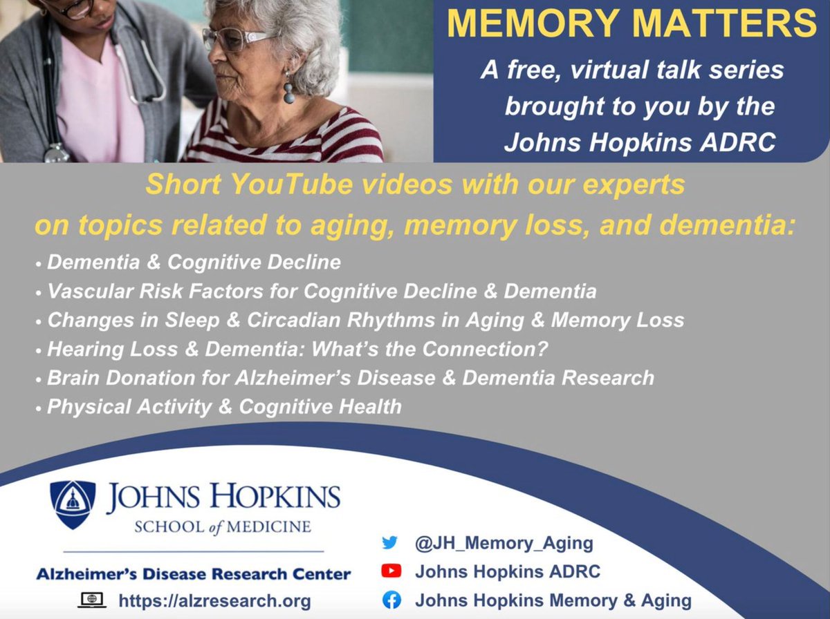 🙋Have questions about reducing your risk of #cognitive decline and #dementia?🧠 Our short, free, expert #JHMemoryMatters virtual talks may answer your questions. Visit our YouTube to watch at your convenience: tinyurl.com/JHMemoryMatters #MemoryLoss #Aging #Alzheimers #OlderAdults