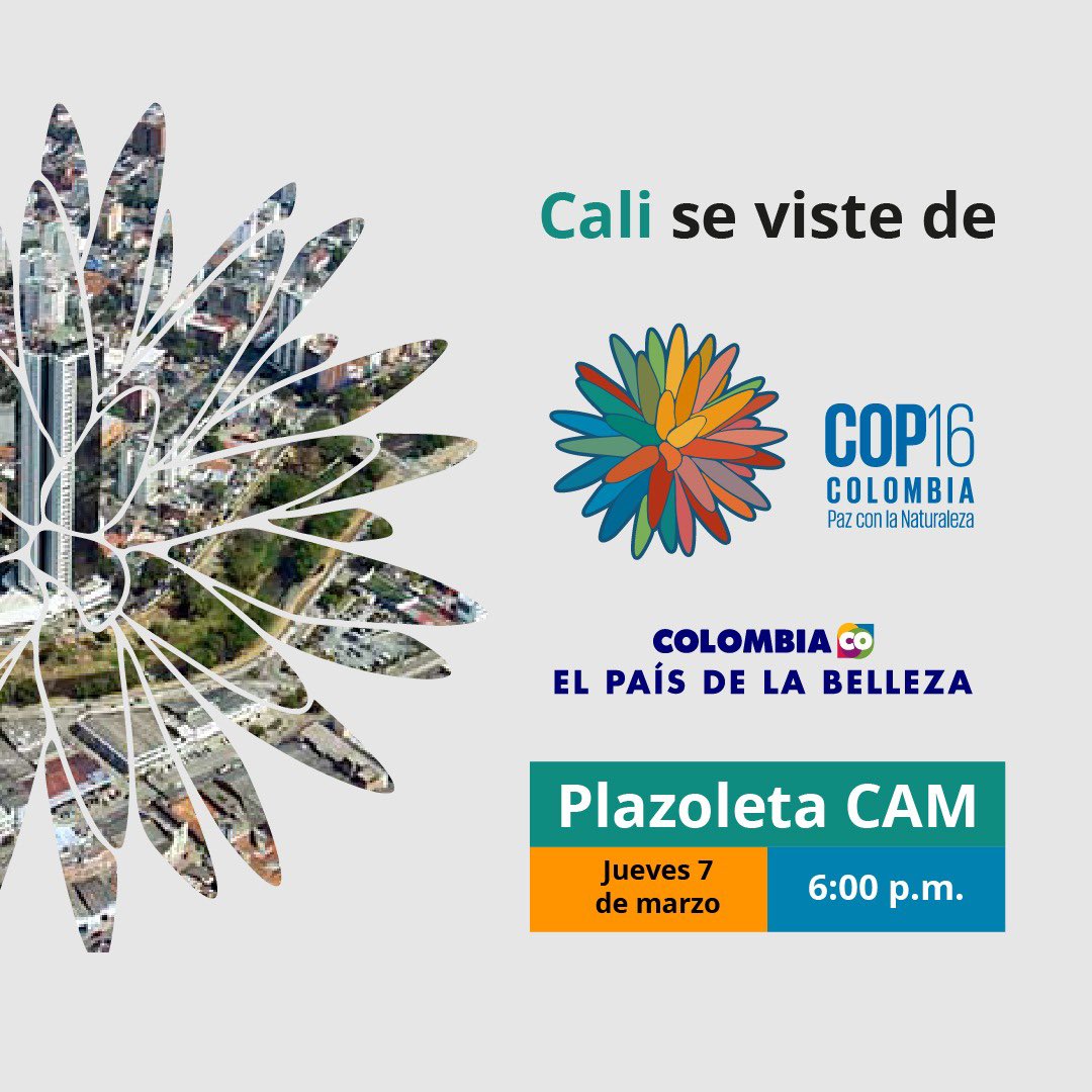Hoy desde Cali el mundo conocerá la belleza y la biodiversidad de nuestro país. Acompáñanos en la presentación oficial de su logo #COP16Colombia. 

⏰: 6:00 p.m. 
📍: Plazoleta del CAM.

¡Los esperemos a todos!