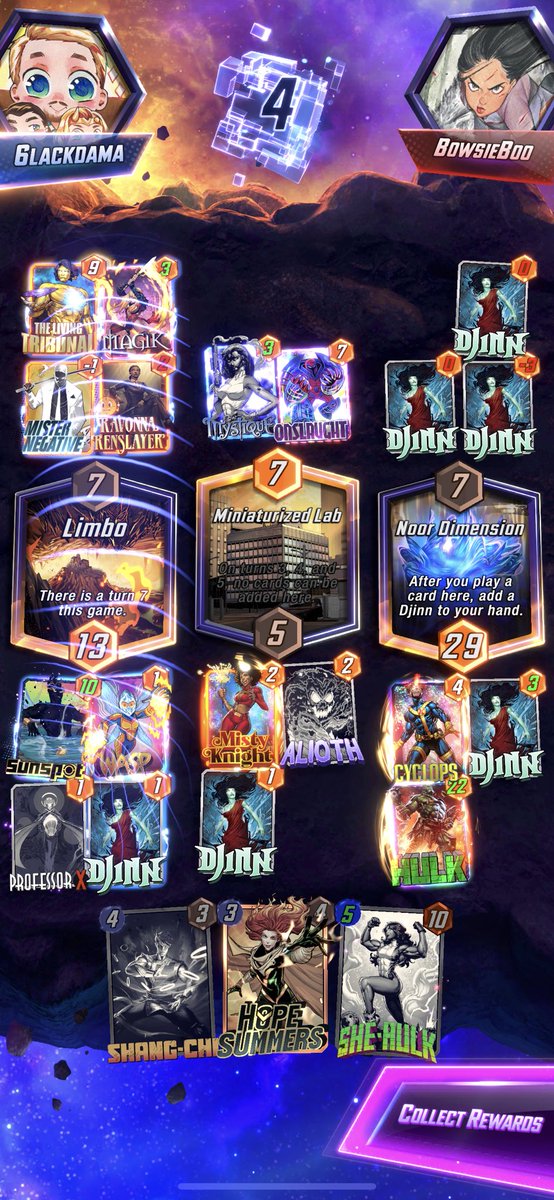 6LACKDAMA's tweet photo. Had to go infinite with this busted Deck 💯 Multiple Win cons 😤🤯 Hope into Wasp in a sunspot lane is a instant snap with pro X in hand. Skip turn 5 with 6 energy and slam she hulk, infi boy or hulk or Alioth down big time 💯 https://t.co/Lp9A8Dq8uQ
