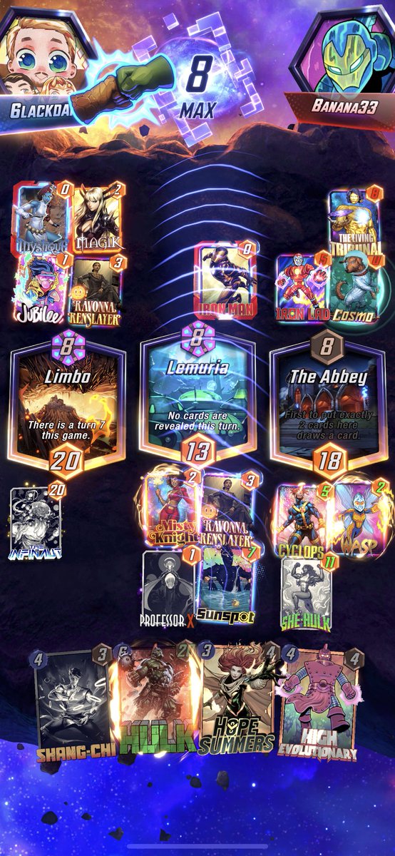 6LACKDAMA's tweet photo. Had to go infinite with this busted Deck 💯 Multiple Win cons 😤🤯 Hope into Wasp in a sunspot lane is a instant snap with pro X in hand. Skip turn 5 with 6 energy and slam she hulk, infi boy or hulk or Alioth down big time 💯 https://t.co/Lp9A8Dq8uQ
