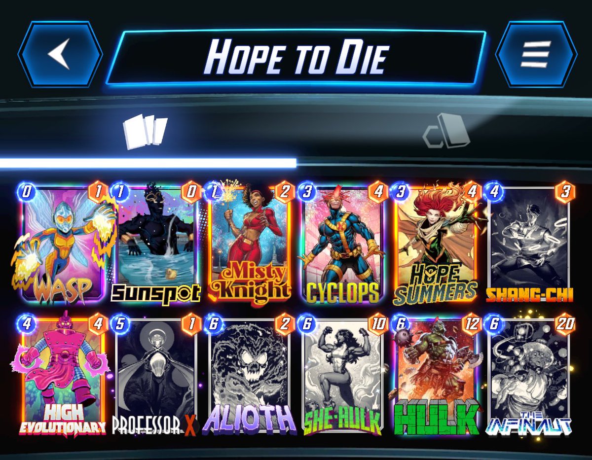 6LACKDAMA's tweet photo. Had to go infinite with this busted Deck 💯 Multiple Win cons 😤🤯 Hope into Wasp in a sunspot lane is a instant snap with pro X in hand. Skip turn 5 with 6 energy and slam she hulk, infi boy or hulk or Alioth down big time 💯 https://t.co/Lp9A8Dq8uQ
