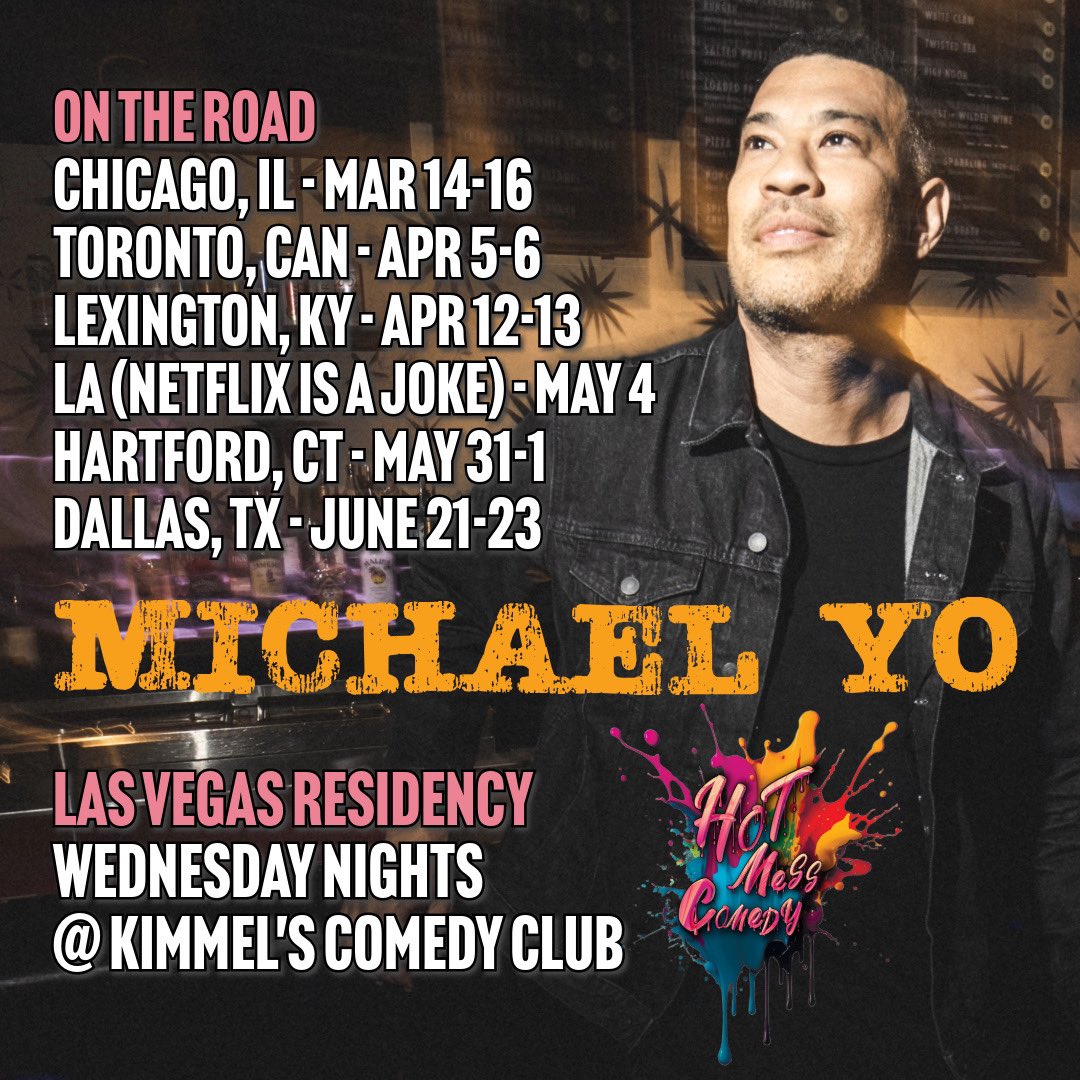 .@ChicagoImprov next weekend, my 1st time in Canada @comedybar, LA’s @NetflixIsAJoke festival, and my new Las Vegas residency @kimmelscomedy! THANK YOU 🙏 for all the love. Big things, fueled by you guys! 🎫 MichaelYo.com