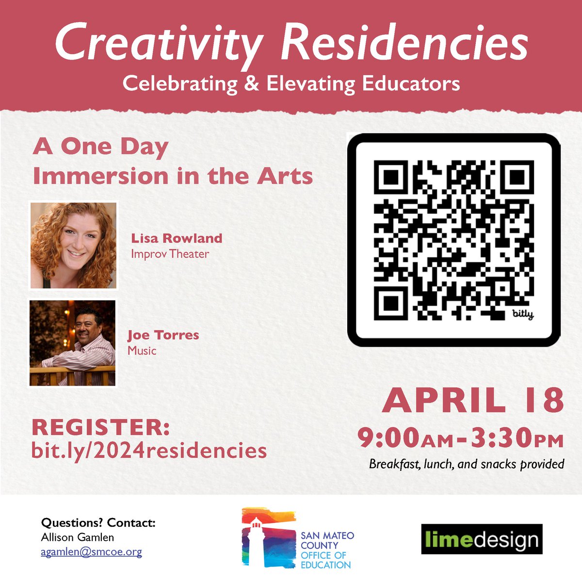 We are thrilled to collaborate again with Lime Design Associates & offer Creativity Residencies to San Mateo County teachers! Creativity Residencies is a free, one-day, in-person professional development opportunity for all PreK-12 educators. Register at bit.ly/2024residencies