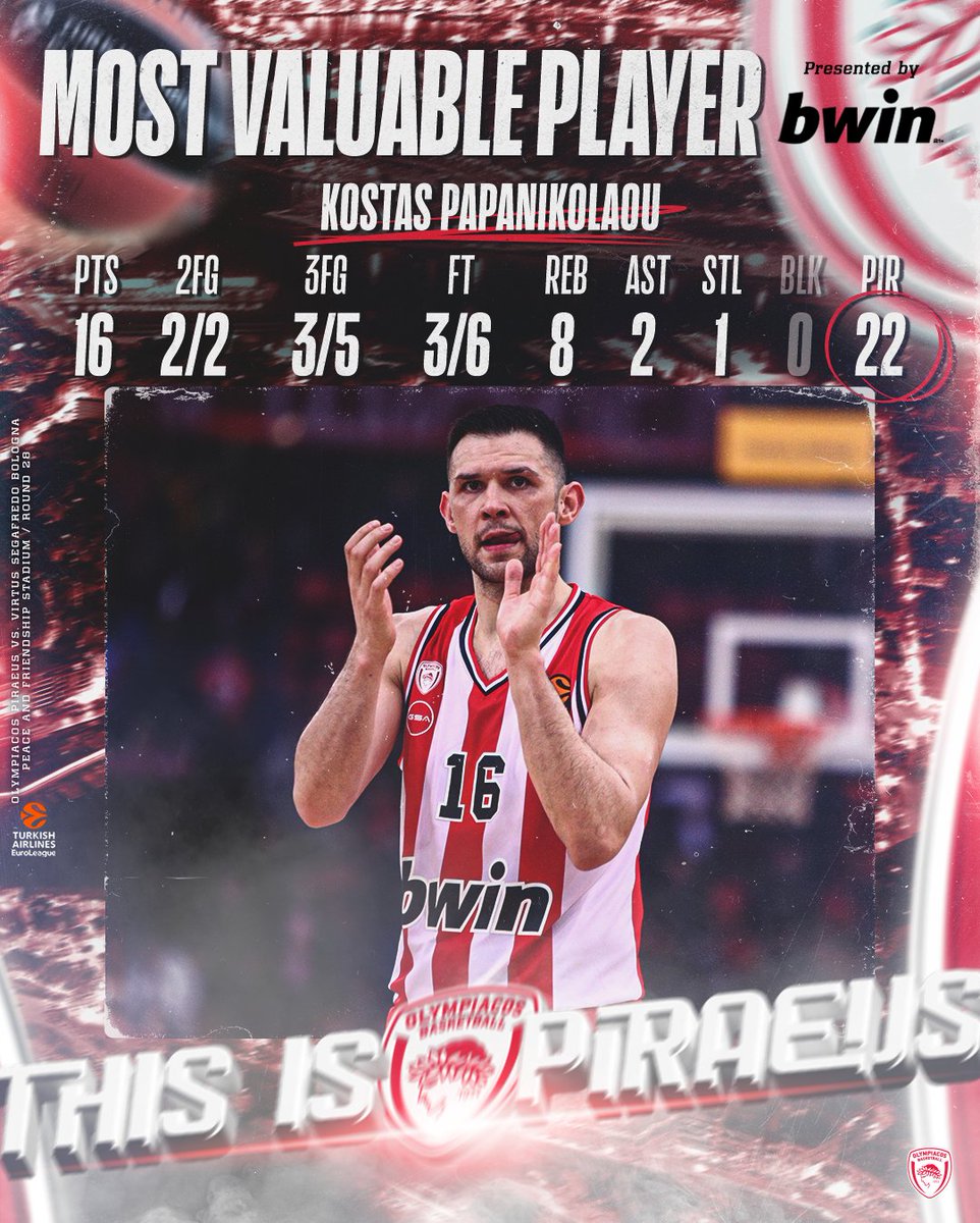 T H E C A P T A I N ! 💪
#bwinMVP, Kostas Papanikolaou🥇
#OlympiacosBC #TogetherWeFight #WeAreOlympiacos