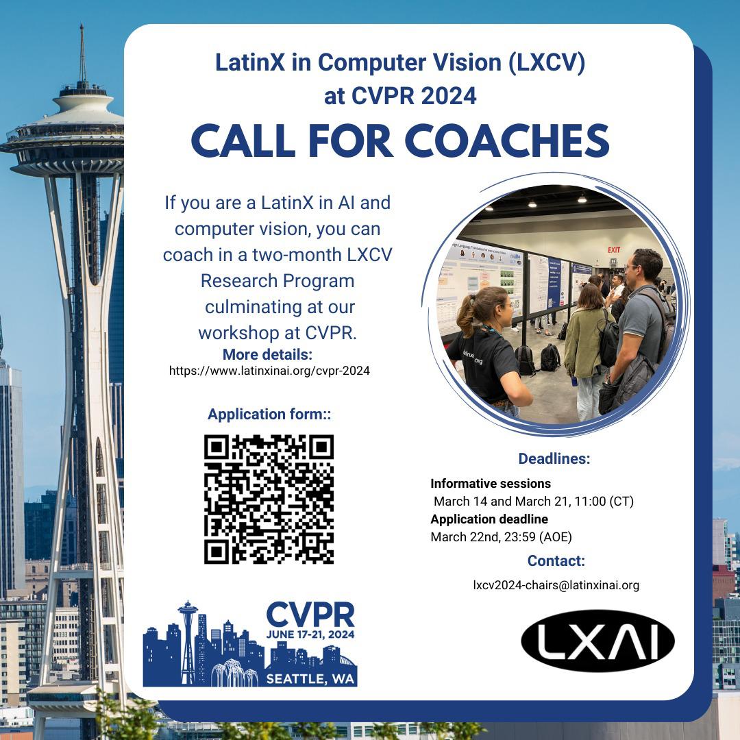 🚨We are calling for coaches in computer vision 🚨

We are glad to announce a new venture: the <a href="/latinxincv/">lxcv</a> coaching program! 🤖

The goal of this program is to showcase 🔊and highlight the research done by LatinX researcher in LATAM and around world while mentoring young studens