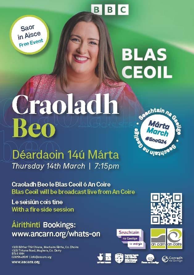 Beidh Caoimhe Ceol ag craoladh beo ón An Coire do clár Blas Ceoil - 7:15pm Faigh do thicéad go luath - Get your tickets early ancarn.org/whats-on/blas-… @realtamusic @c_ni_c @SnaGaeilge