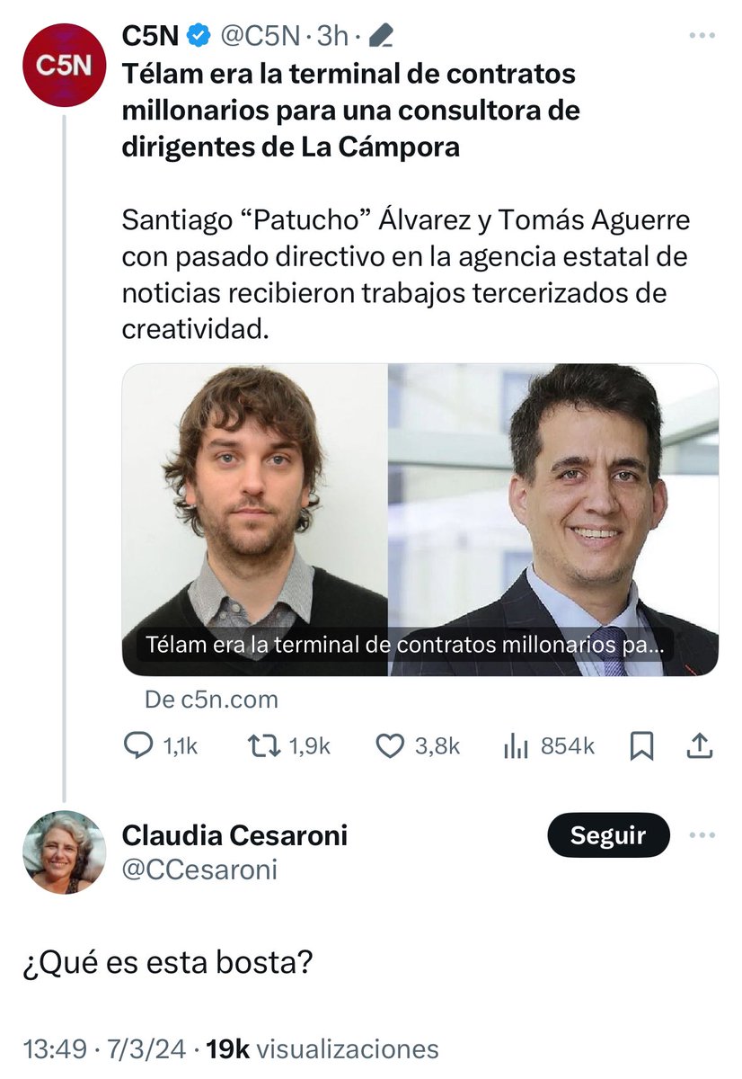 TraductorTeAma's tweet photo. Bienvenidos al cambio de era;
C5N Sube una investigación de @ElDisenso sobre la malversación de fondos de Telam hacia La Campora.
Y de yapa una kuka llorando enojada con C5N.
Que lindo momento para estar vivos. https://t.co/H04N51JXJk