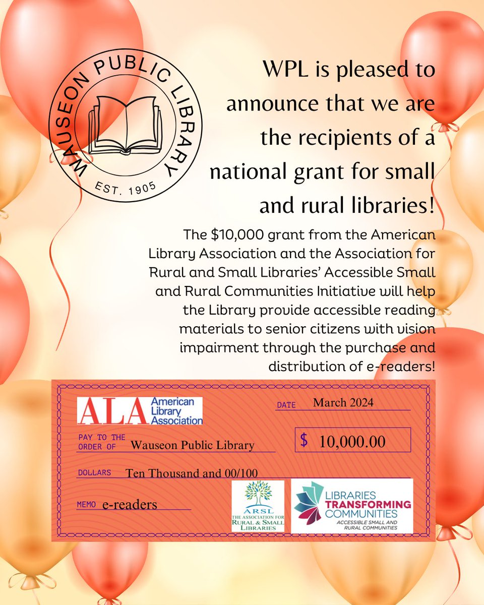LibraryWauseon's tweet image. We are so excited to announce that we are one of 310 libraries chosen for Round 2 of the Accessible Small and Rural Communities Grant Initiative! See the graphic for more information! #libraries  #americanlibraryassociation #rurallibrary #disabilityawareness #books #eReaders